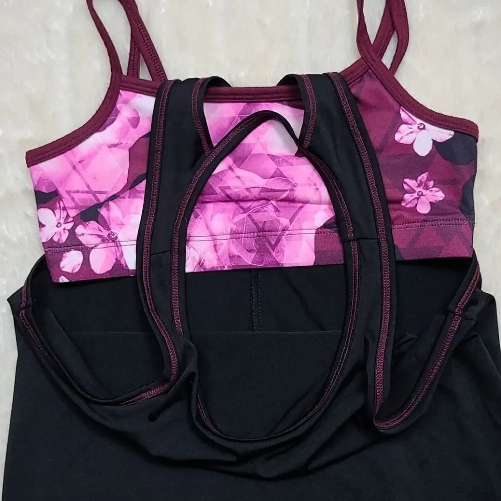 Justice Active Layered Sports Tank Top Black Pink Floral Athletic Tee Girls 10